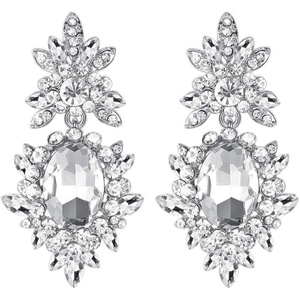Flower Teardrop Silver/Gold CZ Earrings Dangle Bridal Wedding Gift Women